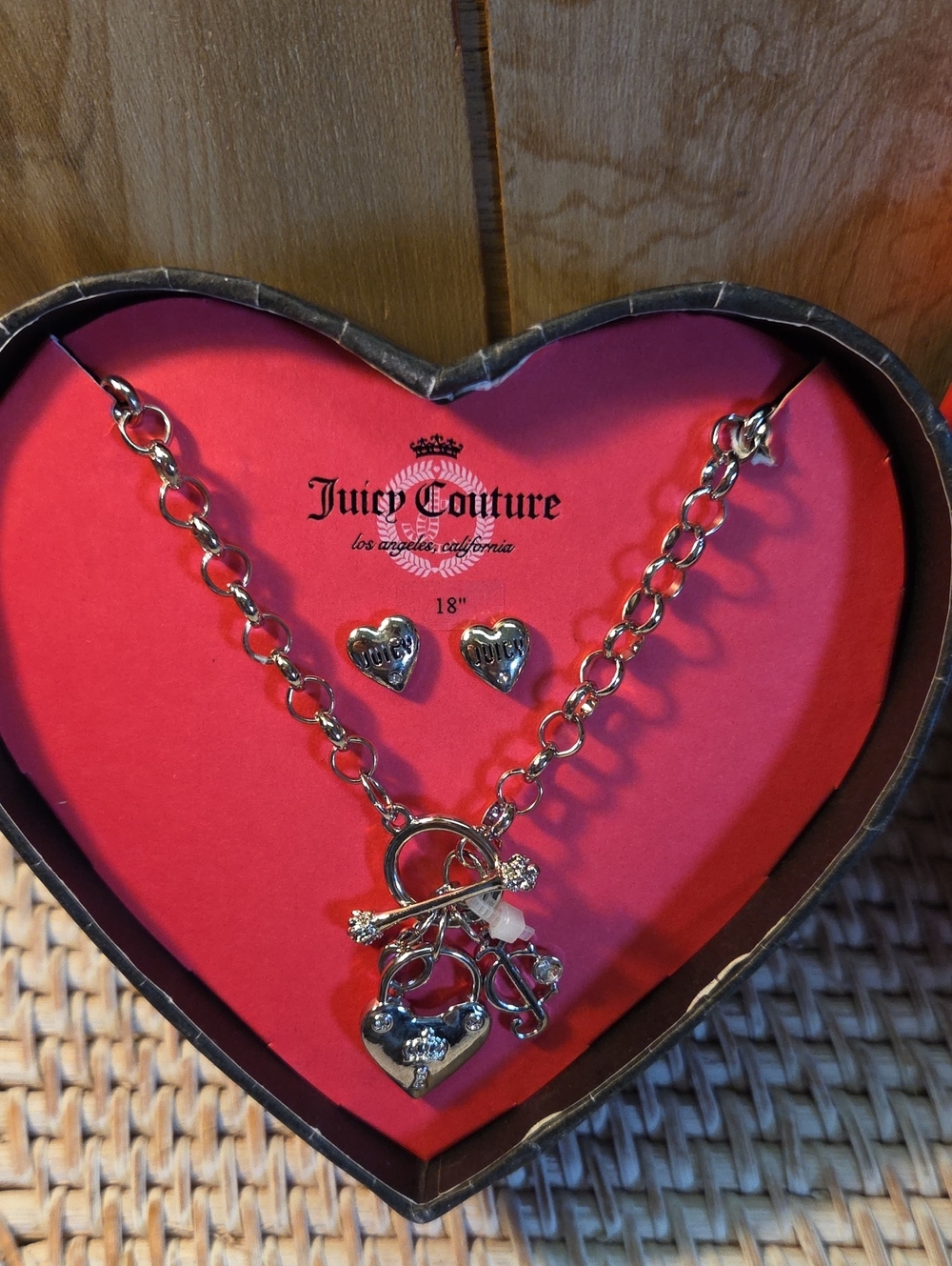 Juicy Couture Silver-Tone Heart Charm Necklace and Stud Earrings